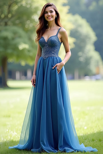 Sparkly Grey Blue Organza Spaghetti Straps A Line Long Formal Dress